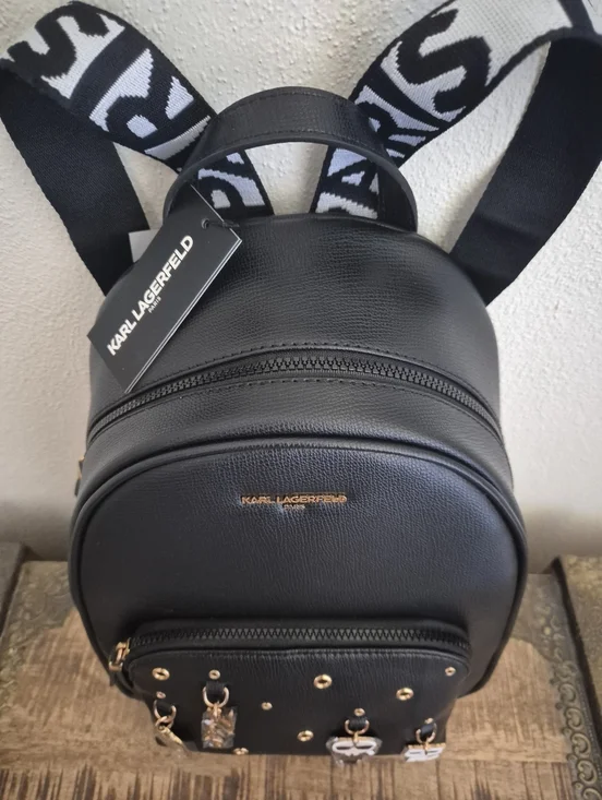 Karl Lagerfeld Paris Black  Backpack with Logo Straps and Charm Accents - Picture 7 of 16